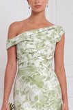 Vestido longo de dama de honor assimétrico assimétrico e franzido sereia sálvia Sage Floral