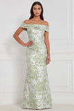 Vestido de dama de honor com sereia de sálvia floral, ombro descoberto, longo vestido de dama de honor