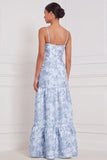 Vestido de dama de honor floral azul claro com fenda
