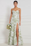 Vestido de dama de honor floral azul claro com fenda