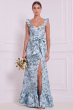 Vestido de dama de honor floral azul poeirento com laço