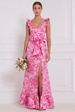 Vestido de dama de honor floral azul poeirento com laço