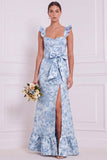 Vestido de dama de honor floral azul poeirento com laço