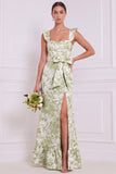 Vestido de dama de honor floral azul poeirento com laço