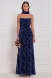 Vestido de dama de honor preto, sem alças, veludo arrugado, veludo comprido, com cachecol
