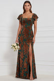 Veludo castanho Burnout, decote quadrado, mangas esvoaçantes, vestido comprido de dama de honor com fenda lateral
