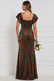Veludo castanho Burnout, decote quadrado, mangas esvoaçantes, vestido comprido de dama de honor com fenda lateral