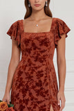 Veludo castanho Burnout, decote quadrado, mangas esvoaçantes, vestido comprido de dama de honor com fenda lateral