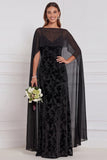 Vestido comprido de dama de honor com capa de veludo preto e decote em V