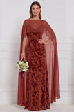 Vestido comprido de dama de honor com capa de veludo preto e decote em V