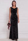 Vestido comprido de dama de honor com gola enbainhada, decote de capuz, veludo burnout, decote oliva