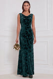 Vestido comprido de dama de honor com gola enbainhada, decote de capuz, veludo burnout, decote oliva