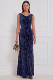 Vestido comprido de dama de honor com gola enbainhada, decote de capuz, veludo burnout, decote oliva