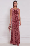 Vestido comprido de dama de honor com gola enbainhada, decote de capuz, veludo burnout, decote oliva