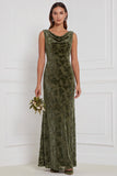 Vestido comprido de dama de honor com gola enbainhada, decote de capuz, veludo burnout, decote oliva