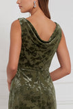 Vestido comprido de dama de honor com gola enbainhada, decote de capuz, veludo burnout, decote oliva
