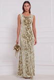 Vestido comprido de dama de honor com gola enbainhada, decote de capuz, veludo burnout, decote oliva