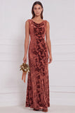 Vestido comprido de dama de honor com gola enbainhada, decote de capuz, veludo burnout, decote oliva