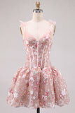 Vestido Curto de Regresso a Casa Corselado Corset Linha A cor-de-rosa com flores