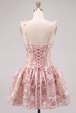 Vestido Curto de Regresso a Casa Corselado Corset Linha A cor-de-rosa com flores