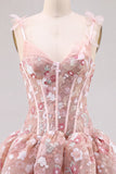 Vestido Curto de Regresso a Casa Corselado Corset Linha A cor-de-rosa com flores