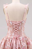 Vestido Curto de Regresso a Casa Corselado Corset Linha A cor-de-rosa com flores