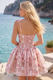 Vestido Curto de Regresso a Casa Corselado Corset Linha A cor-de-rosa com flores