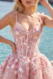 Vestido Curto de Regresso a Casa Corselado Corset Linha A cor-de-rosa com flores