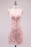 Corset cor-de-rosa, vestido curto floral floral de regresso a casa, renda nas costas