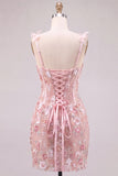 Corset cor-de-rosa, vestido curto floral floral de regresso a casa, renda nas costas