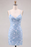 Vestido curto curto floral bodycon azul claro brilhante com lantejoulas