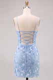Vestido curto curto floral bodycon azul claro brilhante com lantejoulas