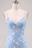 Vestido curto curto floral bodycon azul claro brilhante com lantejoulas