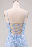 Vestido curto curto floral bodycon azul claro brilhante com lantejoulas