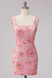 Vestido curto cor-decote quadrado floral cor-decote cor-de-rosa com aplíquos