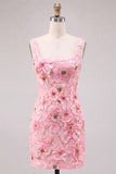 Vestido curto cor-decote quadrado floral cor-decote cor-de-rosa com aplíquos