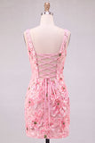 Vestido curto cor-decote quadrado floral cor-decote cor-de-rosa com aplíquos