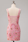 Vestido curto cor-decote quadrado floral cor-decote cor-de-rosa com aplíquos