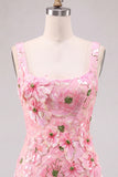 Vestido curto cor-decote quadrado floral cor-decote cor-de-rosa com aplíquos