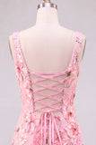 Vestido curto cor-decote quadrado floral cor-decote cor-de-rosa com aplíquos