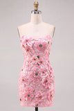 Vestido Curto de Regresso a Casa Cor-de-Rosa Bodycon Floral Sem Alças