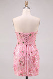 Vestido Curto de Regresso a Casa Cor-de-Rosa Bodycon Floral Sem Alças