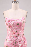 Vestido Curto de Regresso a Casa Cor-de-Rosa Bodycon Floral Sem Alças