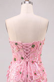 Vestido Curto de Regresso a Casa Cor-de-Rosa Bodycon Floral Sem Alças