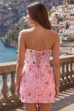 Vestido Curto de Regresso a Casa Cor-de-Rosa Bodycon Floral Sem Alças