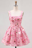 Vestido curto de regresso a casa, curto floral de decote quadrado em linha A cor-de-rosa com lantejoulas