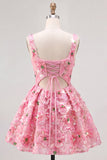 Vestido curto de regresso a casa, curto floral de decote quadrado em linha A cor-de-rosa com lantejoulas