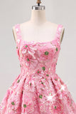 Vestido curto de regresso a casa, curto floral de decote quadrado em linha A cor-de-rosa com lantejoulas