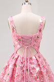 Vestido curto de regresso a casa, curto floral de decote quadrado em linha A cor-de-rosa com lantejoulas