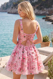 Vestido curto de regresso a casa, curto floral de decote quadrado em linha A cor-de-rosa com lantejoulas